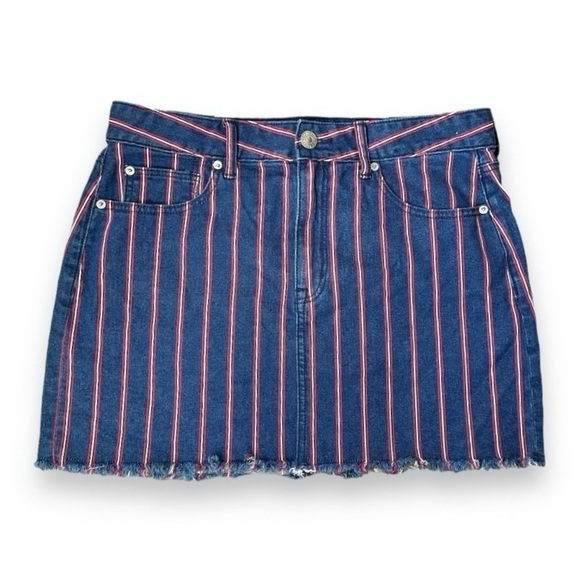 American Eagle Hi-Rise Mini‎ Super Stretch Blue Striped Denim Skirt Size 12 - Picture 2 of 16